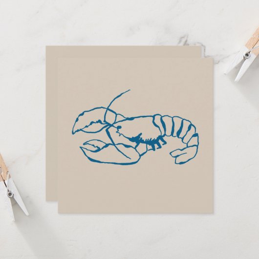 Blauwe kreeft lijn tekening op zandstrand tan kleu kaart (Voorkant / Achterkant in situ)