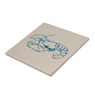 Blauwe kreeft lijn tekening op zandstrand tan kleu tegeltje