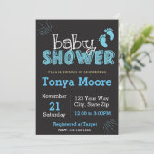 Blauwe krijtbord baby shower uitnodiging (Staand voorkant)