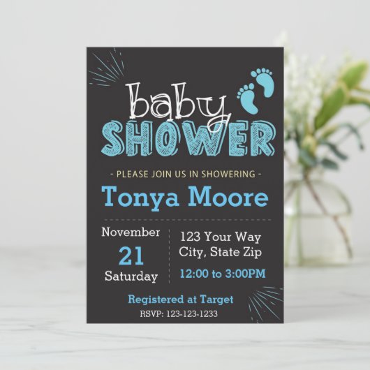 Blauwe krijtbord baby shower uitnodiging (Staand voorkant)