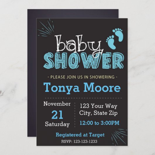 Blauwe krijtbord baby shower uitnodiging (Voorkant / Achterkant)