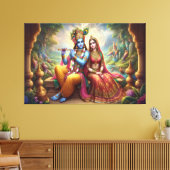 Blauwe Krishna Art: Radha & Godheid Fluit, Indiase Canvas Afdruk (Insitu (Woonkamer))