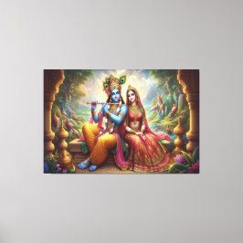 Blauwe Krishna Art: Radha & Godheid Fluit, Indiase Canvas Afdruk