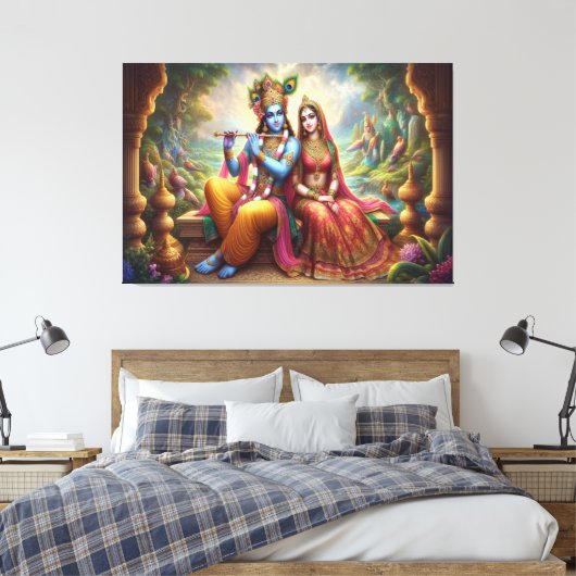 Blauwe Krishna Art: Radha & Godheid Fluit, Indiase Canvas Afdruk (Insitu (Slaapkamer))