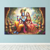 Blauwe Krishna Art: Radha & Godheid Fluit, Indiase Canvas Afdruk (Insitu (Houten vloer))