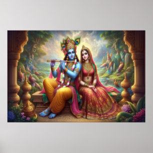 Blauwe Krishna-kunst: Radha & Godheid Fluit, India Poster