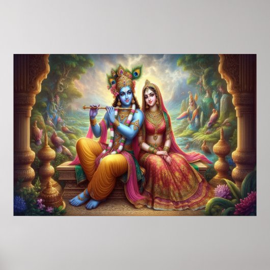 Blauwe Krishna-kunst: Radha & Godheid Fluit, India Poster (Voorkant)