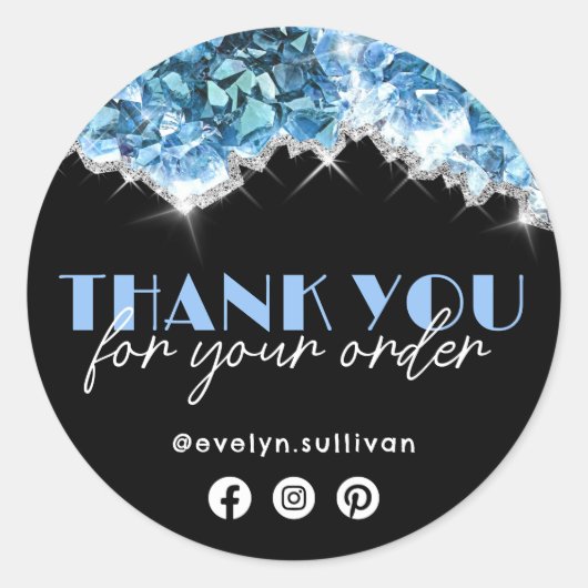 Blauwe kristallen dank u ronde sticker (Voorkant)