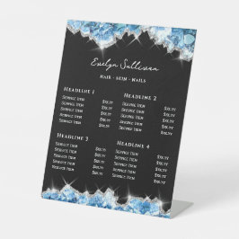 Blauwe kristallen prijslijst reclamebord met voetstuk