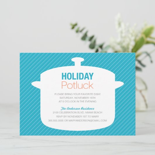 BLAUWE KROCK POT | HOLIDAY POTLUCK INVITATIONS KAART (Staand voorkant)