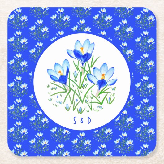 Blauwe Krokussen Bruiloft Kartonnen Onderzetters (Voorkant)