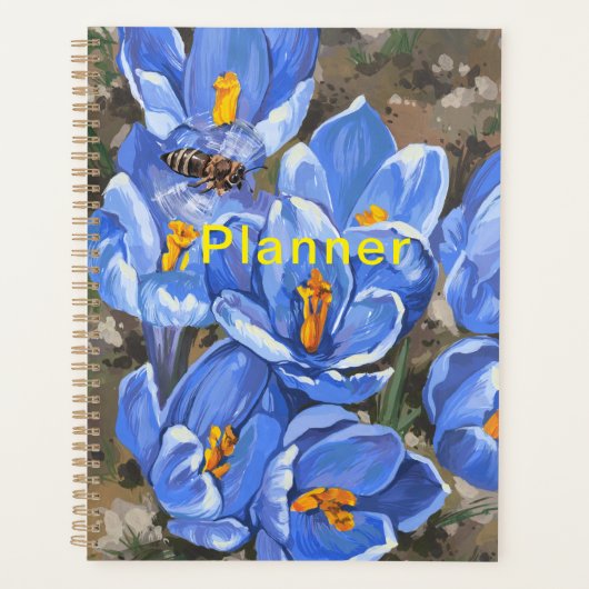 Blauwe krokussen en een bij planner (Voorkant)