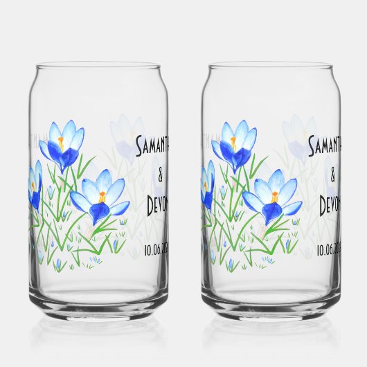 Blauwe krokussen gedrukte glazen potten (Voorkant)