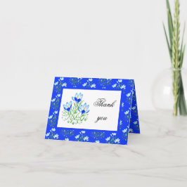 Blauwe krokussen met witte lijst bedankkaart
