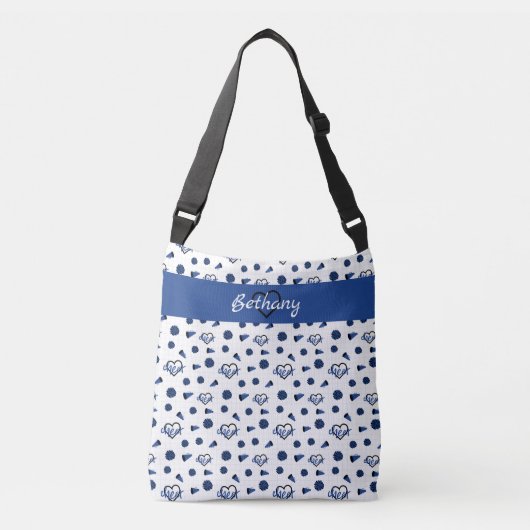 Blauwe kronkelharten, pom Poms, Megafone Pattern Crossbody Tas (Voorkant)