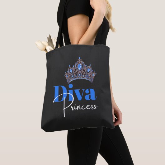 Blauwe kroon met diamanten vrouwen tote bag (Dichtbij)
