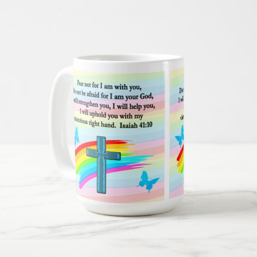 BLAUWE KROSS EN BUTTERFLY ISAIAH 41:10 KOFFIEMOK (Voorkant links)