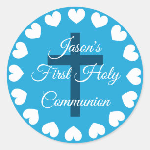 Blauwe kruidenier eerste heilige communie ronde sticker