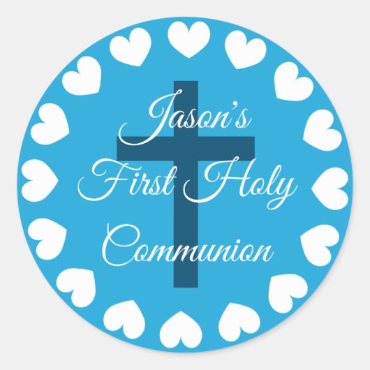 Blauwe kruidenier eerste heilige communie ronde sticker (Voorkant)