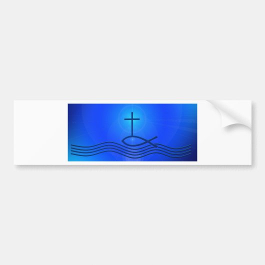 Blauwe kruis en vis (Ichthus) Bumpersticker (Voorkant)