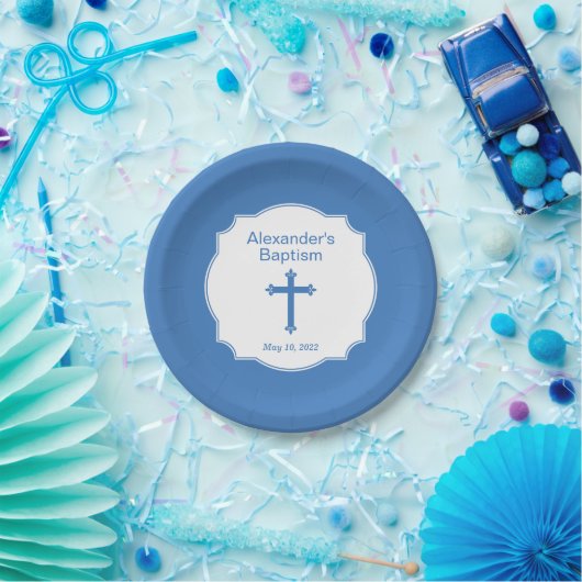 Blauwe Kruis Jongens Doop Doop Papieren Bordje (Feest)