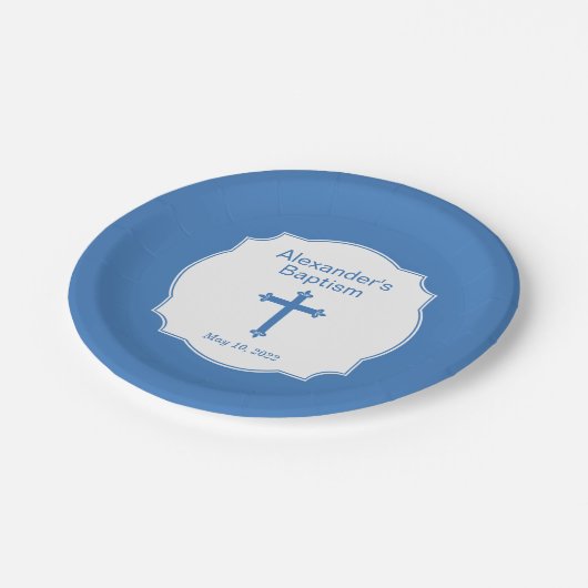 Blauwe Kruis Jongens Doop Doop Papieren Bordje (Gekanteld)