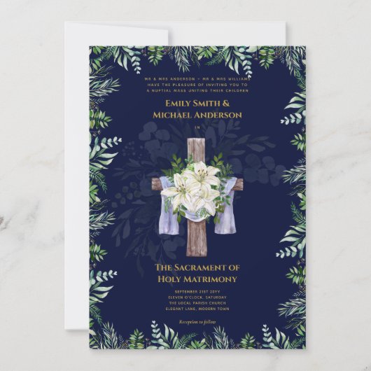 Blauwe Kruis Katholieke Nuptial Mass Bruiloft Kaart (Voorkant)