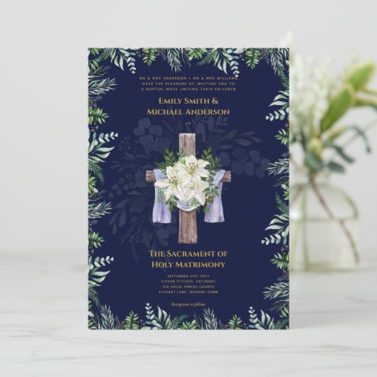 Blauwe Kruis Katholieke Nuptial Mass Bruiloft Kaart (Staand voorkant)