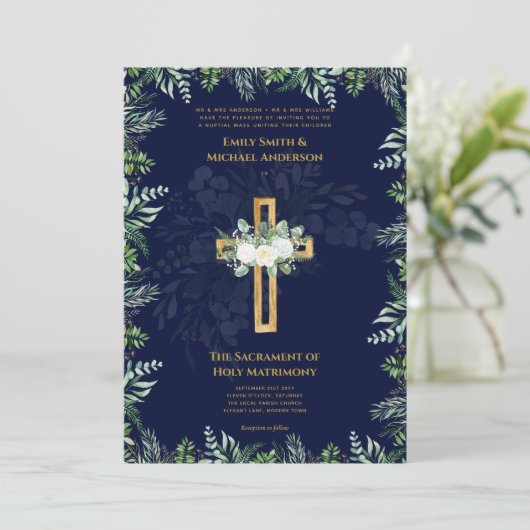 Blauwe Kruis Katholieke Nuptial Mass Bruiloft Kaart (Staand voorkant)