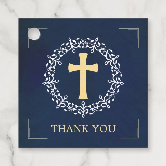 Blauwe kruis krans bevestiging bedankjes labels (Voorkant)