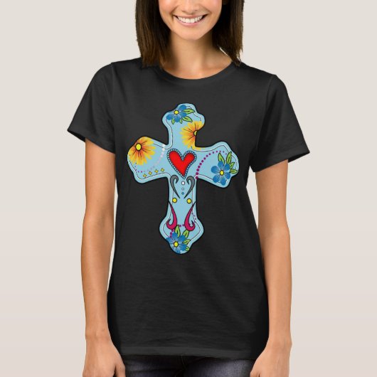 Blauwe Kruis Mexicaanse Folk Art Hart Bloemen Dag T-shirt (Voorkant)