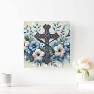 Blauwe Kruis Witte Hibiscus Vierkante Klok