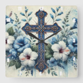 Blauwe Kruis Witte Hibiscus Vierkante Klok (Voorkant)