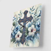 Blauwe Kruis Witte Hibiscus Vierkante Klok (Hoek)