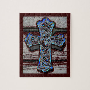 Blauwe kruisfoto-puzzel met cadeaudoos legpuzzel