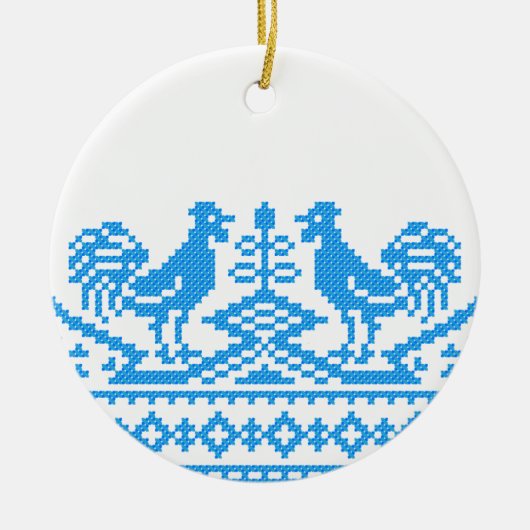 Blauwe kruissteek keramisch ornament (Voorkant)