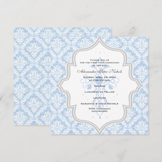 Blauwe kruiswitte dampburlap Eerste Communie Kaart (Voorkant / Achterkant)