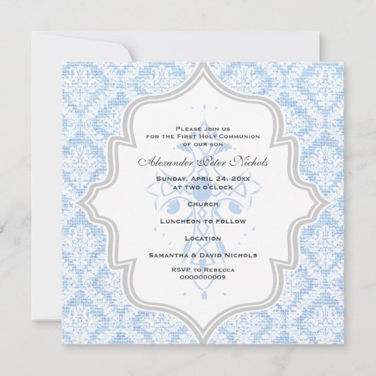 Blauwe kruiswitte dampburlap Eerste Communie Kaart (Voorkant)