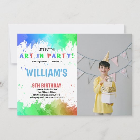 Blauwe kunst in feestverf - Birthday - uitnodiging (Voorkant)