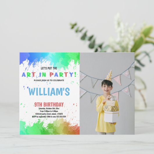 Blauwe kunst in feestverf - Birthday - uitnodiging (Staand voorkant)