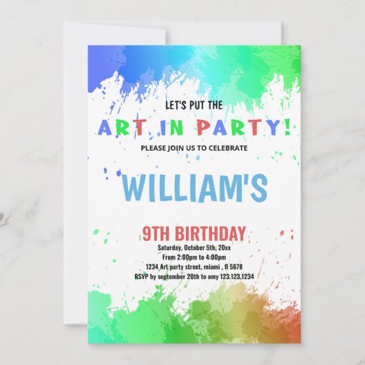 Blauwe kunst in feestverf - Birthday-uitnodigingen Kaart (Voorkant)