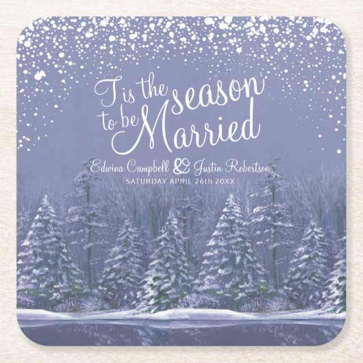 Blauwe kunst van winterbruiloft kartonnen onderzetters (Voorkant)