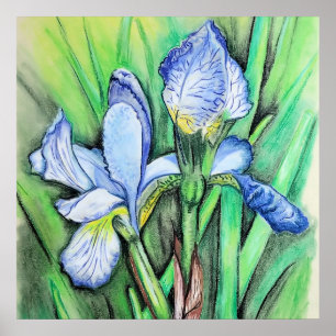 Blauwe kunstbloem Oorspronkelijke kunsttekenflens Poster