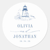 Blauwe Kust Toile Vuurtoren Bruiloft Ronde Sticker (Voorkant)