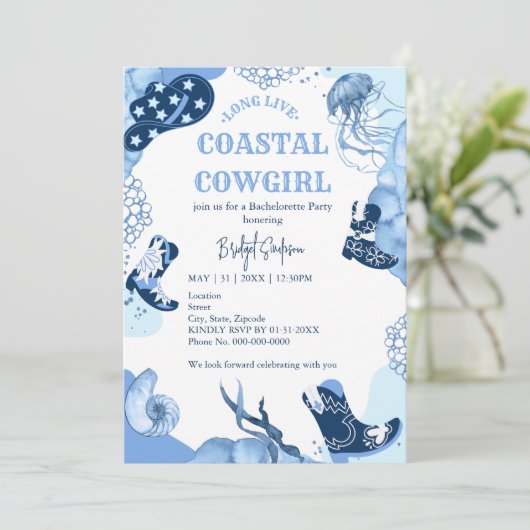 blauwe kustcowgirl vrijgezellenfeest kaart (Staand voorkant)