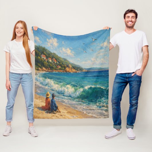 Blauwe kuststrand fleece deken (In situ)