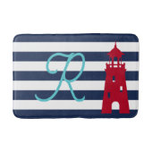 Blauwe Kuststrepen Rode Vuurtoren Monogram Badmat (Voorkant)