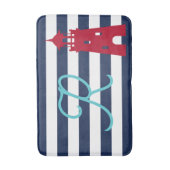 Blauwe Kuststrepen Rode Vuurtoren Monogram Badmat (Voorkant Verticaal)