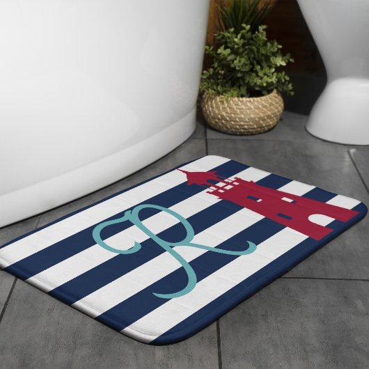 Blauwe Kuststrepen Rode Vuurtoren Monogram Badmat