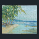 Blauwe kuststrook puzzel<br><div class="desc">"Blue Coastal Lagoon" van Suzanne Wilkins. Het is een serene strand met tropische bomen.</div>